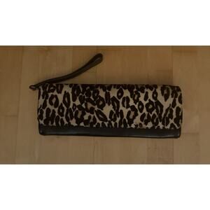 HOBO Leopard Print Clutch Wristlet Leather Purse Long Calfhair Tan Black